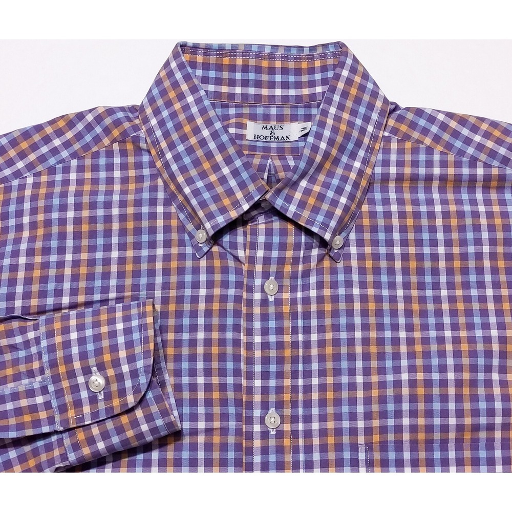 MAUS & HOFFMAN Long Sleeve Button Shirt Made USA Purple Orange‎ Checks Medium M